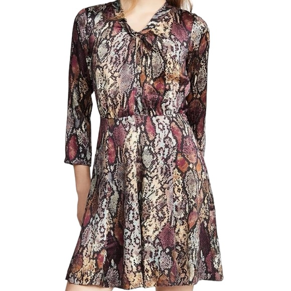 Rebecca Taylor Silk Mini Dress 2 Python Snake Print Long Sleeve Keyhole Neck - Picture 1 of 6